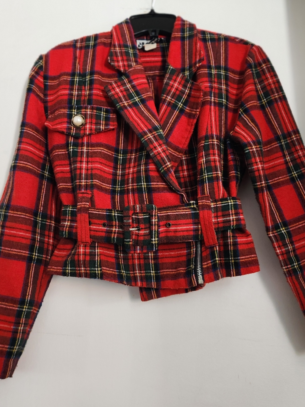 Vintage Red Plaid Belted Bomber Jacket